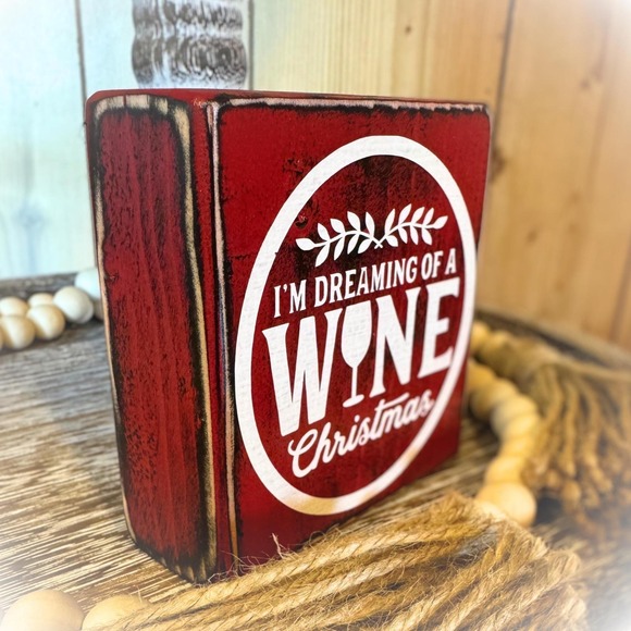 Basket Case Designs Red Wine Christmas Wood Block Sign Rustic Holiday Decor 4x4 - Picture 4 of 9